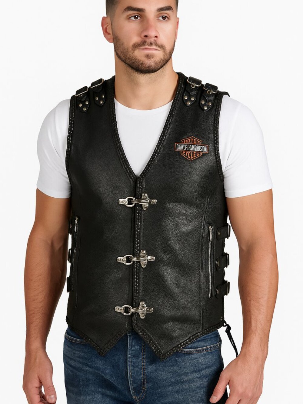 Men's Cowhide Leather Heavy Buckled Braid Rocker Biker Vest Motorcycle Waistcoat
